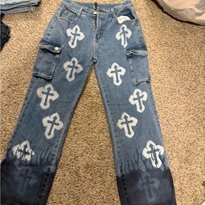 Gilipur Women's Blue Cross Pattern Jeans